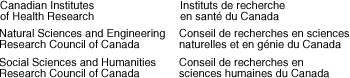 Canadian Institutes of Health Research 
Natural Sciences and Engineering Research Council of Canada 
Social Sciences and Humanities Research Council of Canada /  
Instituts de recherche en santé du Canada
Conseil de recherches en sciences naturelles et en génie du Canada
Conseil de recherches en sciences humaines du Canada